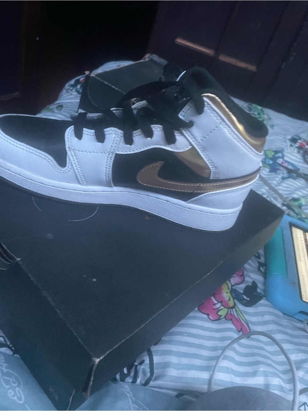 Jordan White Black Gold Mid-Top Sneakers